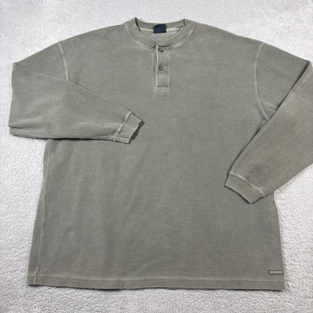VINTAGE Woolrich Henley Shirt Waffle Knit Mens XL Green Faded Long Sleeve